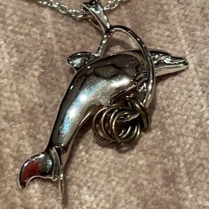 Sterling Silver 925 Dolphins Jumping Through Hoop with Rings Pendant Necklace
